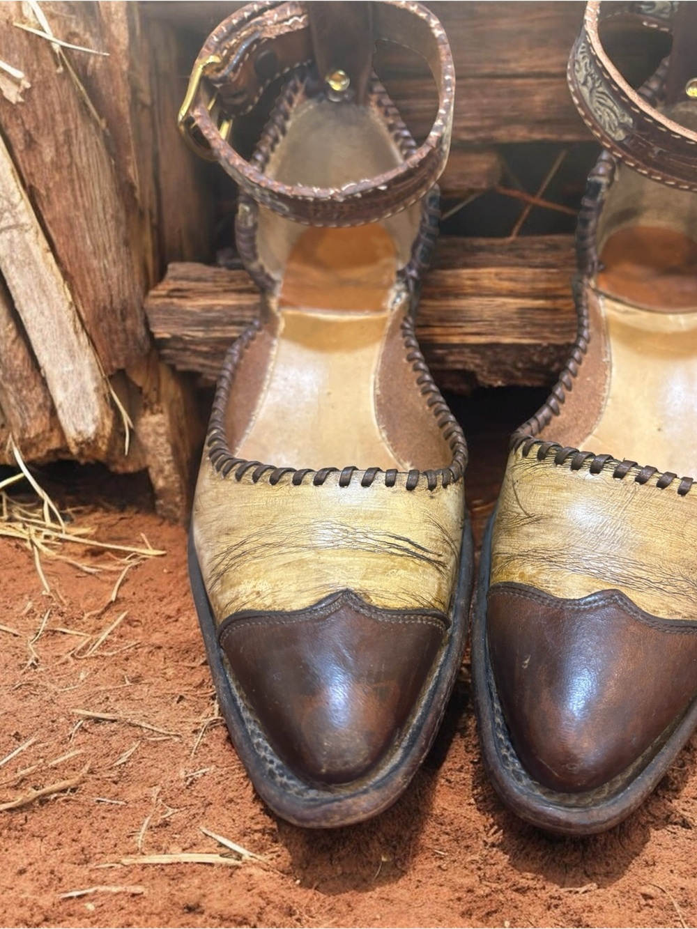 Handcrafted Vintage Two-Tone Brown distressed mules made from vintage cowboy 8.5